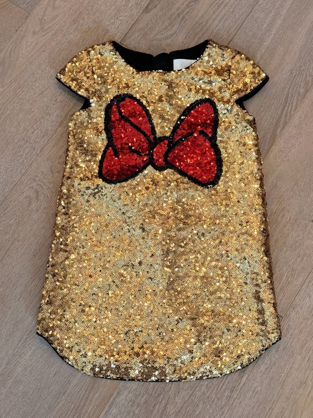 Disney Minnie Mouse Gold Sequin Dress with Red Bow 3